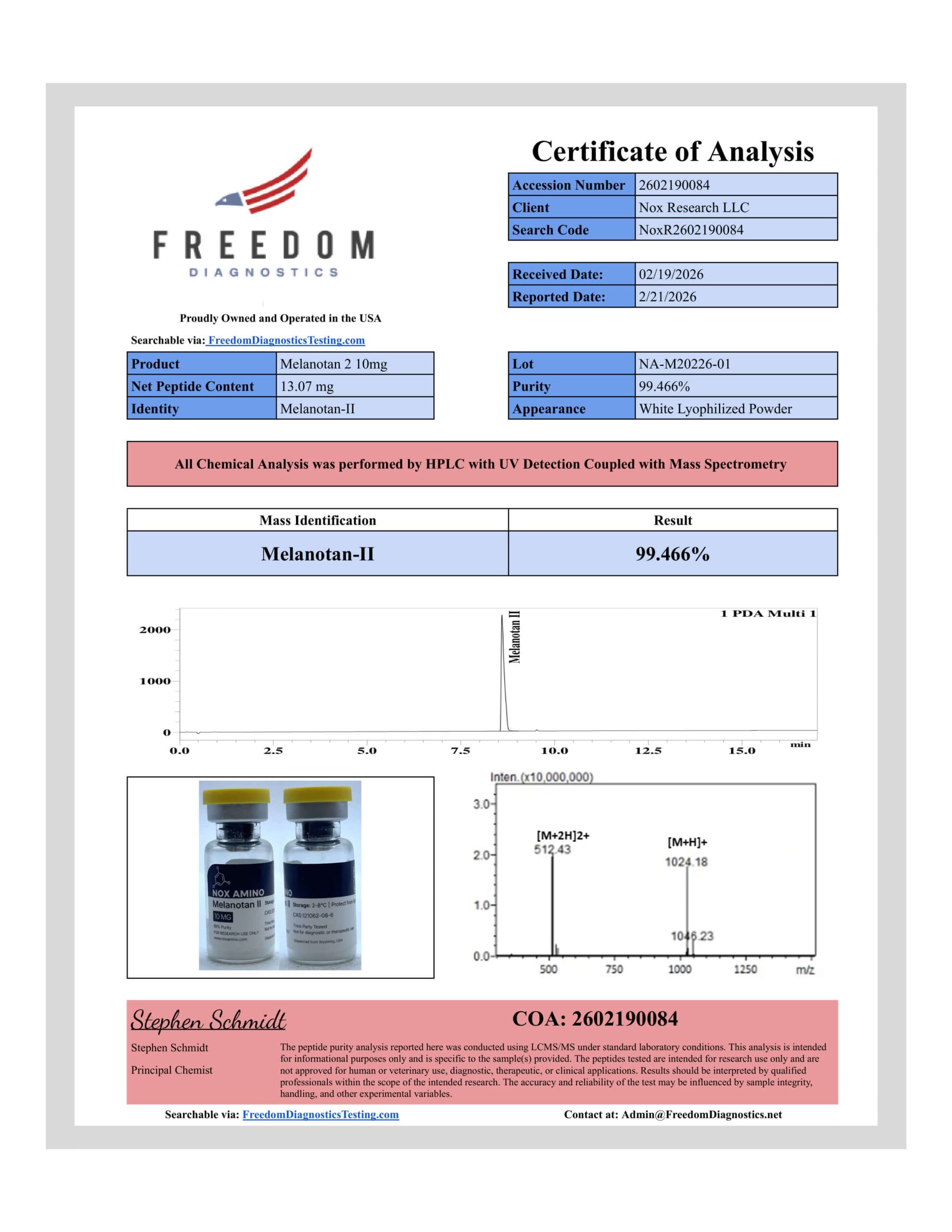 COA document for Tesamorelin 10mg batch NoxR2602190080
